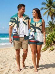 Matching Hawaii Shirt and Romper Plus Size Beach Outfit Coconut Tree Sailboat Rudder Ombre Printed for Couples -  