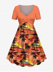 Plus Size Coconut Tree Flowers Print Cinched Hawaii Dress -  