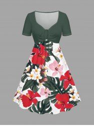 Plus Size Hibiscus Flower Tropical Leaf Print Cinched Hawaii Dress -  