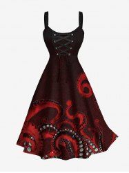 Plus Size Octopus Print Hawaii Lace Up A Line Dress -  