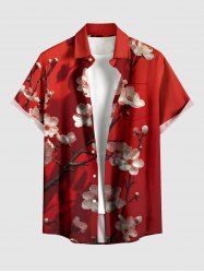 Plus Size Flower Branch Print Hawaii Button Pocket Shirt For Men -  