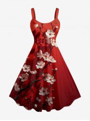 Plus Size Flower Branch Print Hawaii A Line Dress -  