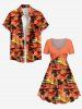 Plus Size Coconut Tree Flowers Print Cinched Hawaii Dress -  