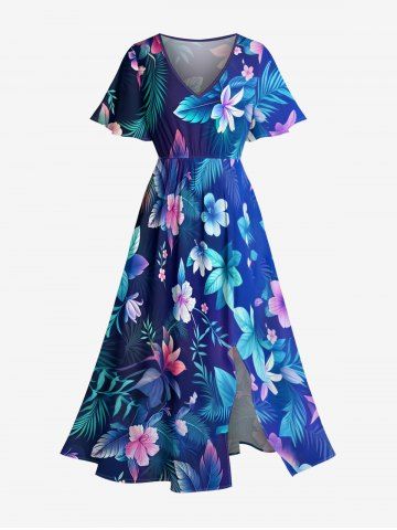 Plus Size Tropical Flowers Leaf Print Split Hawaii Midi Dress - DEEP BLUE - XXS