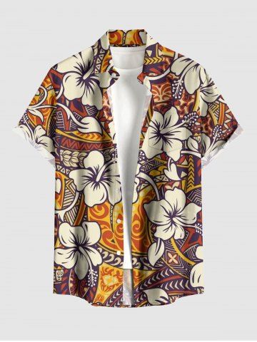 Plus Size Hibiscus Flowers Tropical Print Buttons Pocket Hawaii Shirt For Men - BROWN - XL