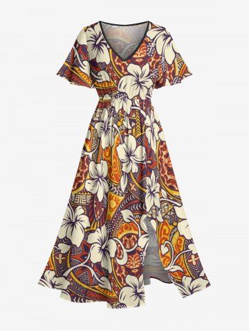 Robe mi-longue hawaïenne fendue à imprimé tropical et fleurs d'hibiscus (grandes tailles) - BROWN - 5X