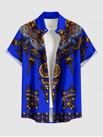 Chemise hawaïenne grande taille pour homme, à imprimé floral ethnique miroir, boutons et poche. - BLUE - L