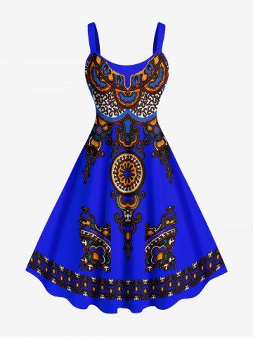 Robe débardeur hawaïenne à imprimé floral ethnique miroir grande taille - BLUE - 6X