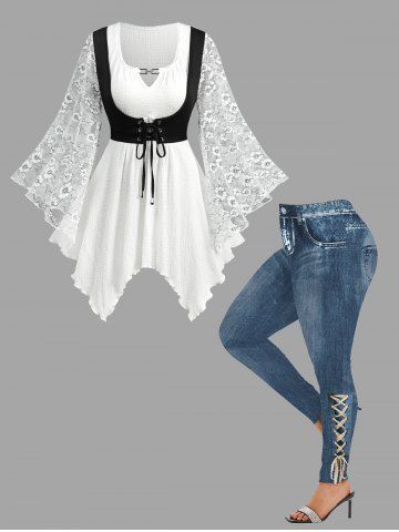 Lace Flare Sleeves Textured Lace Up Corset 2 in 1 Top and Distressed Ombre Denim Print Leggings Plus Size Outfit - WHITE