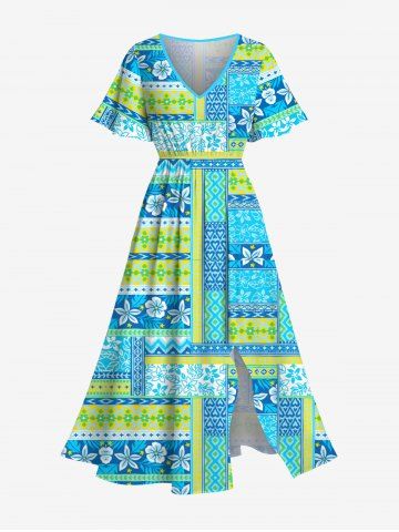 Robe midi hawaïenne fendue à imprimé floral tropical et feuilles tropicales grande taille - TURQUOISE - 5X