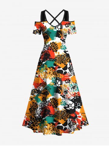 Plus Size Colorblock Leopard Print Cold Shoulder Crisscross Hawaii Maxi Dress - MULTI - 3X