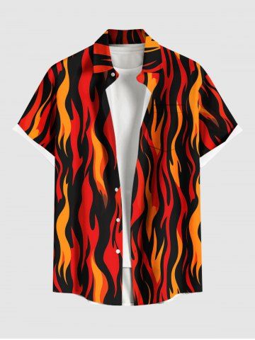 Chemise hawaïenne grande taille pour homme, à imprimé ethnique flammes, boutons et poche. - RED - XL