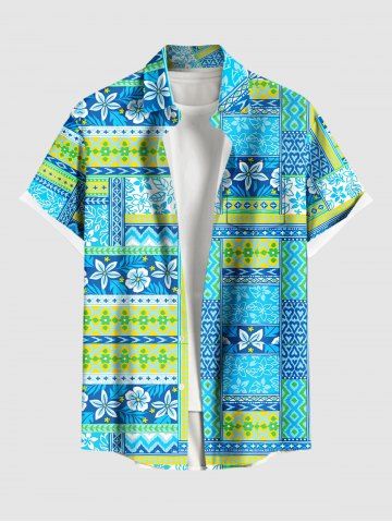 Chemise hawaïenne grande taille pour homme, imprimée de fleurs tropicales et de feuilles, avec poches et boutons, à manches longues et imprimé d'écharpe. - TURQUOISE - L