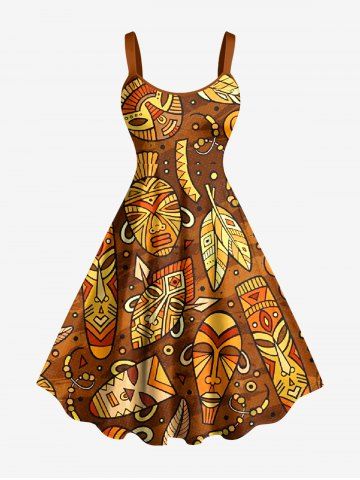 Robe hawaïenne grande taille à imprimé ethnique graphique et masque - BROWN - 4X