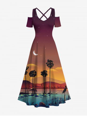 Robe longue hawaïenne grande taille à imprimé cocotier, oiseau et lune, épaules dénudées et croisée - LIGHT BROWN - 5X