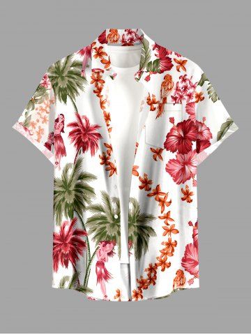 Chemise à boutons pour homme, grande taille, imprimé perroquet, cocotiers et hibiscus, fleurs de perroquet, style hawaïen - LIGHT PINK - 6XL