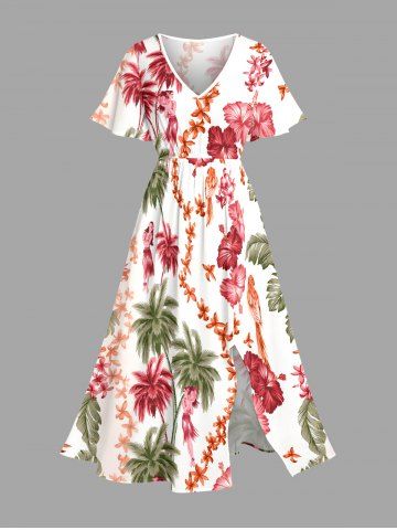 Robe midi trapèze grande taille à imprimé perroquet, cocotiers et hibiscus, fleurs d'hibiscus, style hawaïen, avec poches fendues - LIGHT PINK - 5X