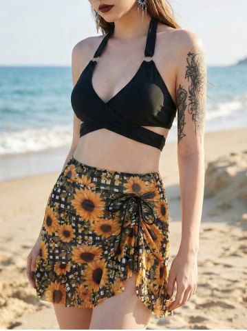 Maillot de bain tankini 3 pièces à imprimé écossais tournesols, dos nu croisé avec nœud papillon et volants. - BLACK - S