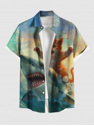 Plus Size Shark Cat Sea Waves Print Hawaii Button Pocket Shirt For Men -  