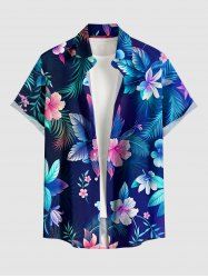 Chemise hawaïenne grande taille pour homme, à imprimé floral tropical et feuilles, boutons et poche. - Bleu profond 6XL