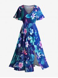 Plus Size Tropical Flowers Leaf Print Split Hawaii Midi Dress -  