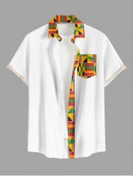 Chemise hawaïenne grande taille à motifs géométriques ethniques imprimés, boutons et poches pour hommes - Orange XL