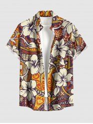 Chemise hawaïenne grande taille pour homme, à imprimé tropical et boutons, avec fleurs d'hibiscus et poche. - Brun XL