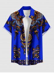Chemise hawaïenne grande taille pour homme, à imprimé floral ethnique miroir, boutons et poche. - Bleu 6XL