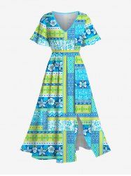 Robe midi hawaïenne fendue à imprimé floral tropical et feuilles tropicales grande taille - Turquoise 5X