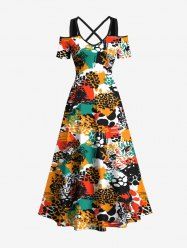 Plus Size Colorblock Leopard Print Cold Shoulder Crisscross Hawaii Maxi Dress -  