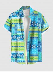 Plus Size Tropical Leaf Flowers Scarf Print Buttons Pocket Hawaii Shirt For Men -  