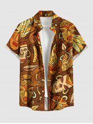 Plus Size Ethnic Graphic Mask Print Hawaii Button Pocket Shirt For Men - Brun 3XL