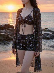 Moon SunStar Print Cinched Ruched Boysleg Tankini Swimsuit With Mesh Cover -  