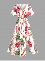Plus Size Coconut Tree Hibiscus Flower Parrot Print Hawaii Split Pocket A Line Midi Dress -  