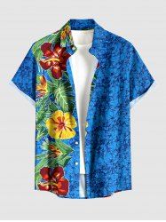 Plus Size Tropical Leaf Hibiscus Flower Print Hawaii Buttons Pocket Shirt For Men -  