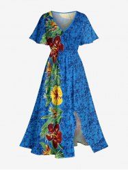 Robe midi trapèze grande taille à imprimé floral tropical et hibiscus, style hawaïen, avec poches fendues - Bleu Ciel S