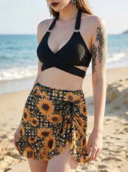 Sunflowers Plaid Print Crisscross Halter Tie Bowknot Cinched Ruffles Skirted 3 Piece Tankini Swimsuit -  