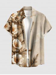 Plus Size Flower Leaf Branch Print Hawaii Button Pocket Shirt For Men -  
