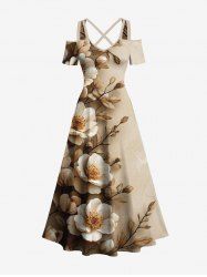 Robe longue trapèze à imprimé fleurs et branches, style hawaïen, épaules dénudées et bretelles croisées, grande taille - café lumière 2X