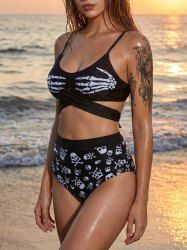 Skull Bone Skeleton Print Crossover Tankini Swimsuit (Adjustable Shoulder Strap) -  