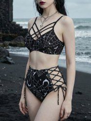 Spider Web Bat Print Lattice Crisscross Lace Up Tankini Swimsuit -  