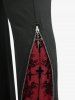 Drawstring Hooded Mixed Media Top and Floral Cross Flocking Flare Pants Plus Size Outfit -  