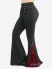 Drawstring Hooded Mixed Media Top and Floral Cross Flocking Flare Pants Plus Size Outfit -  