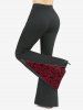 Drawstring Hooded Mixed Media Top and Floral Cross Flocking Flare Pants Plus Size Outfit -  