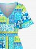 Robe midi hawaïenne fendue à imprimé floral tropical et feuilles tropicales grande taille - Turquoise 5X