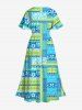 Robe midi hawaïenne fendue à imprimé floral tropical et feuilles tropicales grande taille - Turquoise 5X