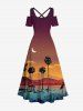 Plus Size Coconut Tree Bird Moon Print Cold Shoulder Crisscross Hawaii Maxi Dress -  
