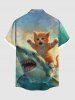 Plus Size Shark Cat Sea Waves Print Hawaii Button Pocket Shirt For Men -  