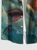 Plus Size Shark Cat Sea Waves Print Hawaii Button Pocket Shirt For Men -  