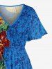 Robe midi trapèze grande taille à imprimé floral tropical et hibiscus, style hawaïen, avec poches fendues - Bleu Ciel S